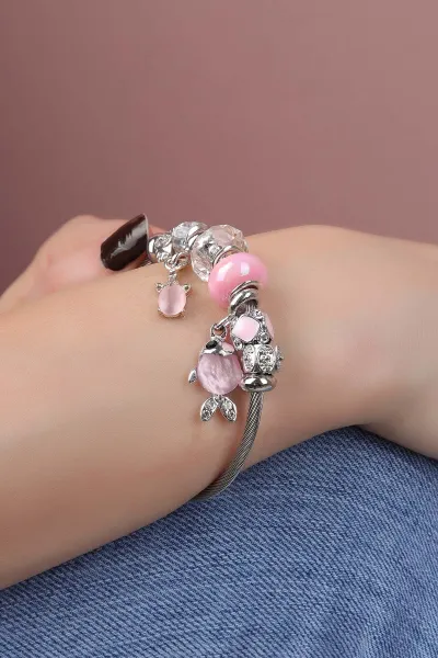 Pembe Gümüş Taş ve İnci Detaylı Çelik Pandora Bileklik 309941