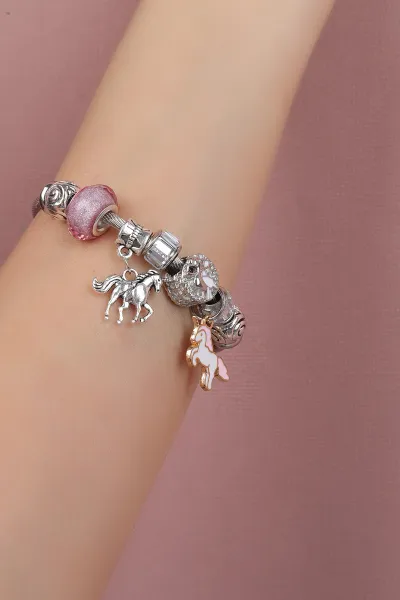 Pembe Gümüş Unicorn Detaylı Çelik Pandora Bileklik 309995