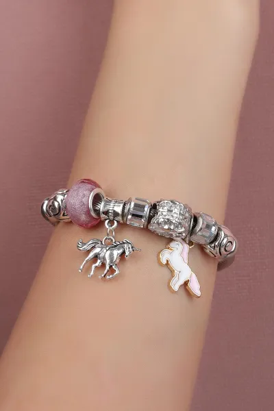 Pembe Gümüş Unicorn Detaylı Çelik Pandora Bileklik 309995
