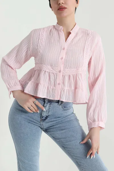 Pembe Güpürlü Çizgili Tencel Kadın Gömlek 449027