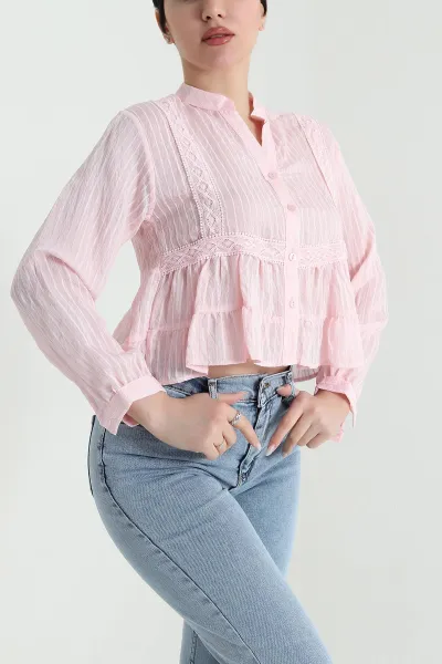 Pembe Güpürlü Çizgili Tencel Kadın Gömlek 449027