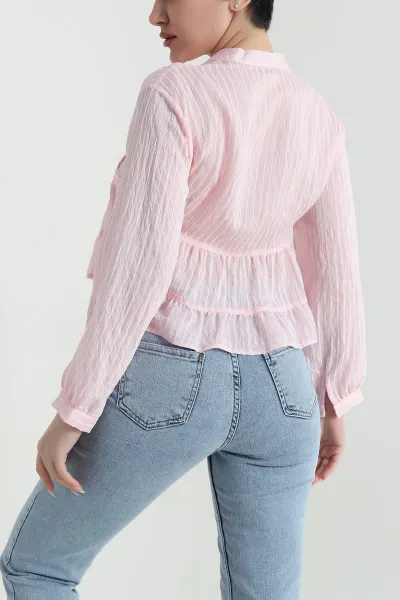 Pembe Güpürlü Çizgili Tencel Kadın Gömlek 449027