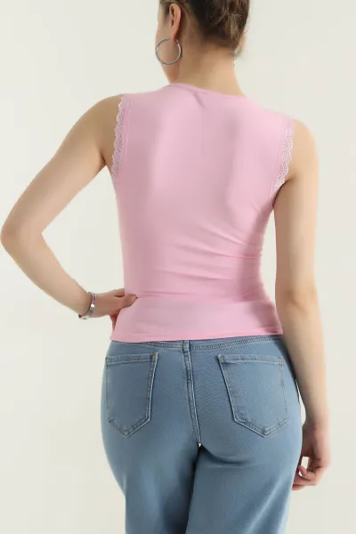 Pembe Güpürlü V Yaka Scuba Kadın Bluz 436609