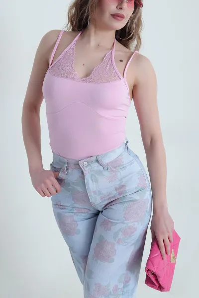 Pembe Güpürlü Yazlık Scuba Kadın Zıbın Bluz 449651