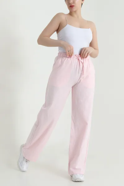 Pembe Ham Bez Keten Palazzo Kadın Pantolon 462095