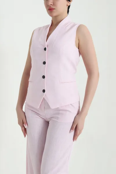 Pembe Ham Keten Yelek Pantolon Kadın İkili Takım 458321