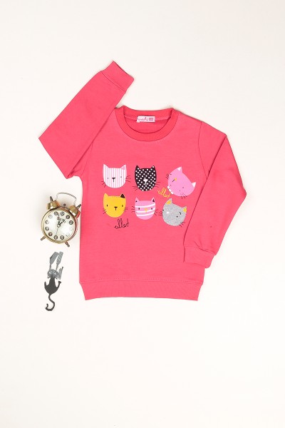 Pembe içi Şardonlu Kedi Baskılı Kız Çocuk Sweat 81105