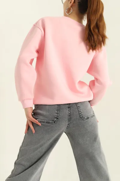 Pembe İki İp Baskılı Şardonlu Bayan Sweat 328313