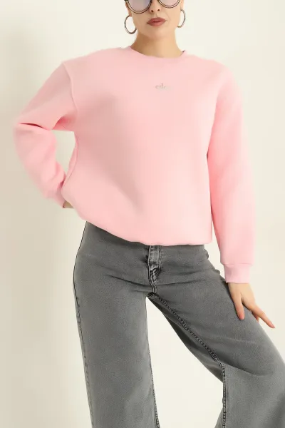Pembe İki İp Baskılı Şardonlu Bayan Sweat 328313