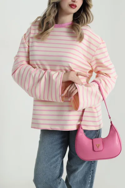 Pembe İki İp Çizgili Kadın Sweat 490509