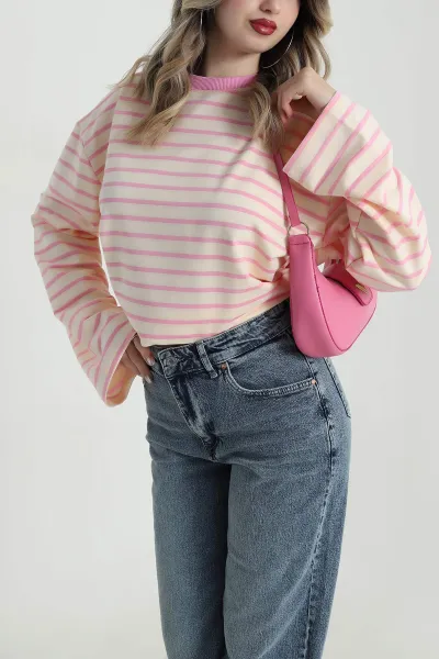 Pembe İki İp Çizgili Kadın Sweat 490509