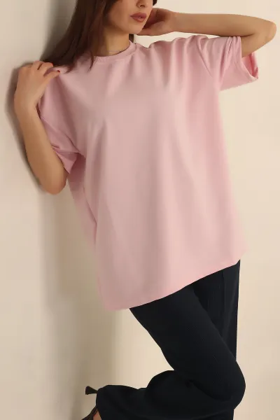 Pembe İki İp Oversize Bayan Tişört 234378