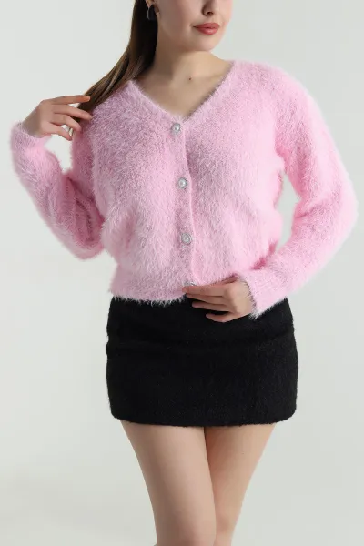 Pembe İnci Düğmeli Sena Sakallı Yumoş Triko Kadın Hırka 495400