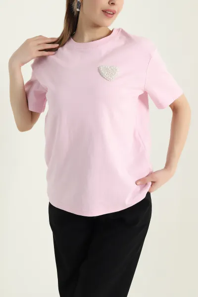 Pembe İncili Tasarım Kompak Kadın Tişört 431495