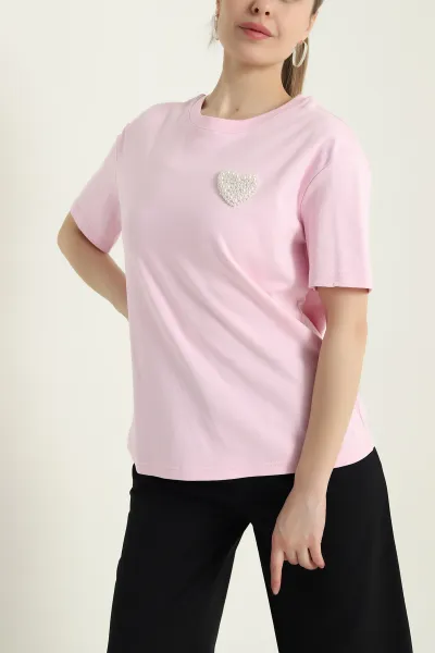 Pembe İncili Tasarım Kompak Kadın Tişört 431495