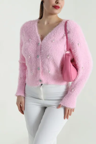 Pembe İncili Tasarım Sakallı Triko Kadın Hırka 495439