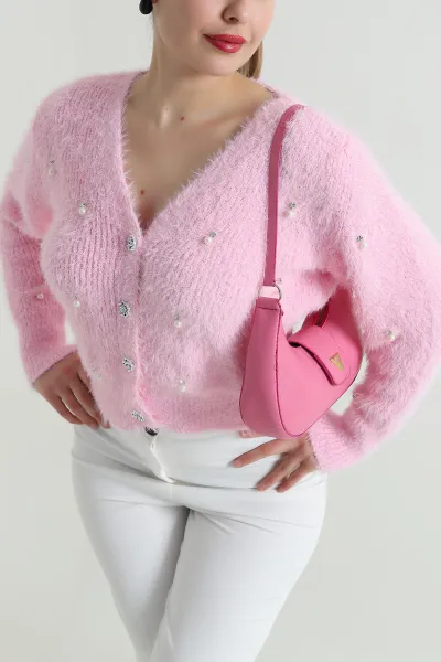 Pembe İncili Tasarım Sakallı Triko Kadın Hırka 495439