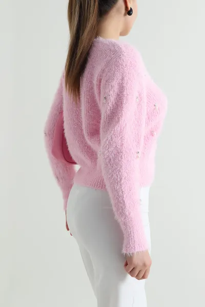 Pembe İncili Tasarım Sakallı Triko Kadın Hırka 495439
