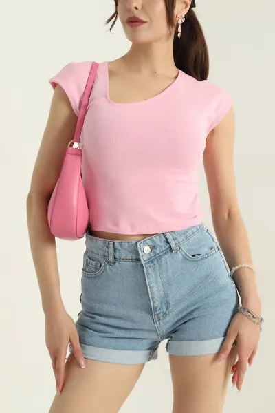 Pembe İnterlok Kolsuz Kayık Yaka Kadın Crop 373894