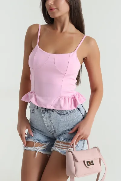 Pembe İp Askılı Kadın Yazlık Scuba Kadın Bluz 476034