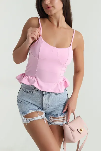 Pembe İp Askılı Kadın Yazlık Scuba Kadın Bluz 476034