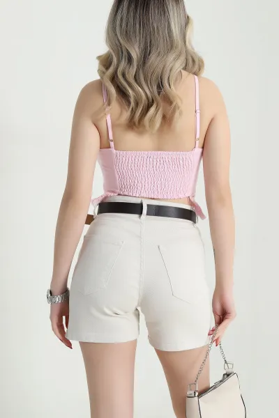 Pembe İp Askılı Keten Kadın Crop 469435