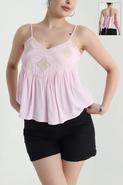 Pembe İp Askılı Nakışlı Kraş Kadın Bluz 473124