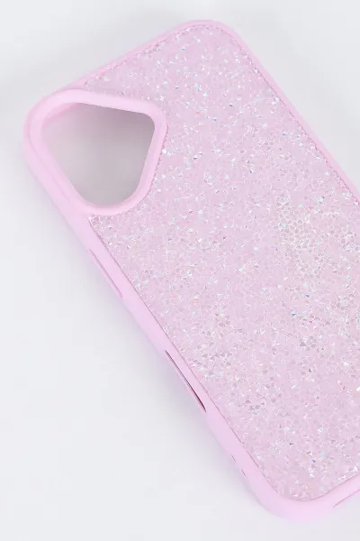 Pembe İPhone 16 Uyumlu Taş Detaylı Glare Serisi Sert Slikon Telefon Kılıfı 390884