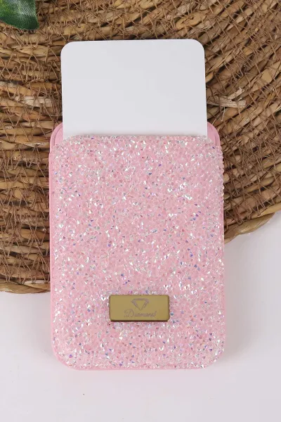 Pembe Iphone Uyumlu Diamond Wallet Case - Taşlı Magsafe Kartlık - Telefon Kartlığı 431868