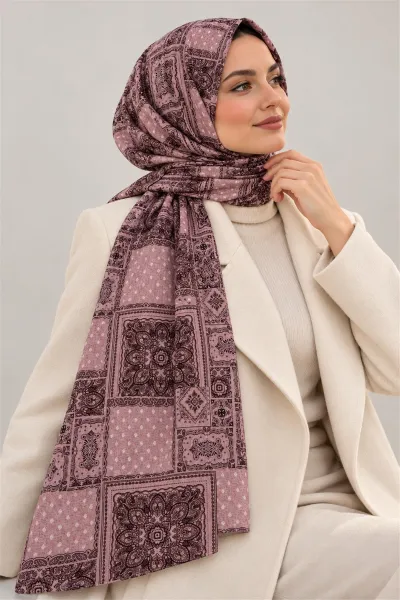 Pembe İthal Çift Tarafı Baskılı Yumuşak Dokulu Etnik Desenli Kadın Şal 90x180 cm 498751
