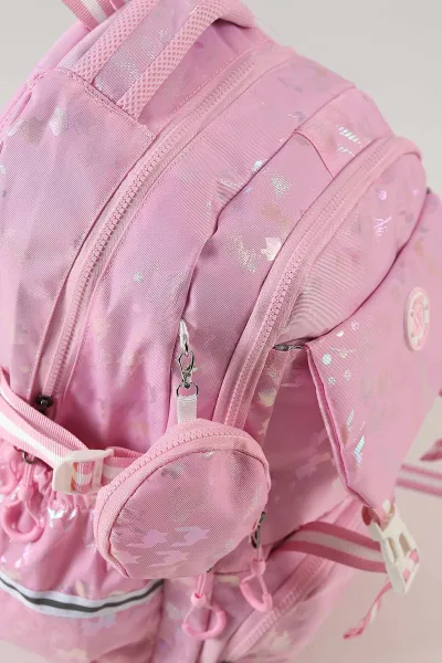 Pembe İthal Kumaş Desenli Kore İkili Kız Çocuk İlkokul Çantası + Cüzdan 484233