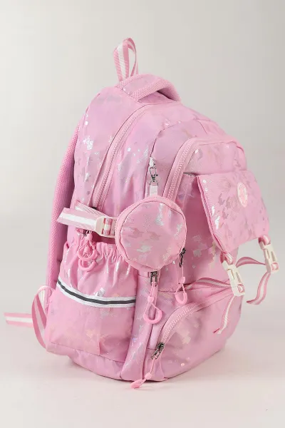 Pembe İthal Kumaş Desenli Kore İkili Kız Çocuk İlkokul Çantası + Cüzdan 484233