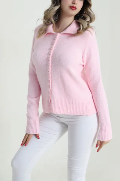 Pembe Jazz Polo Yaka Düğmeli Kadın Hırka 485296