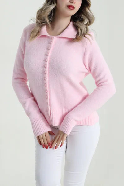 Pembe Jazz Polo Yaka Düğmeli Kadın Hırka 485296