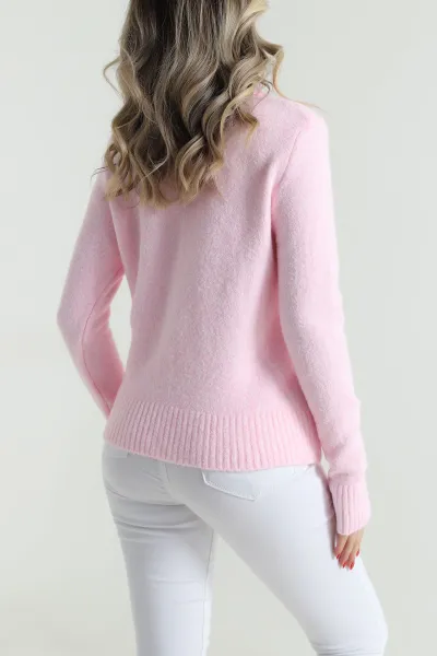Pembe Jazz Polo Yaka Düğmeli Kadın Hırka 485296