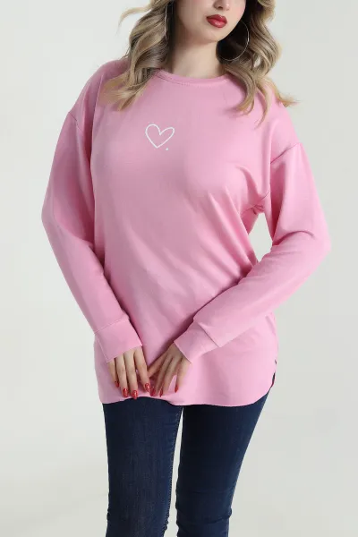 Pembe Kalp Baskılı Kristal Kadın Sweat Tunik 485621