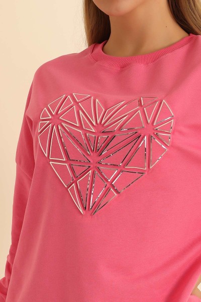 Pembe Kalp Gofre Baskılı Sweat 214404