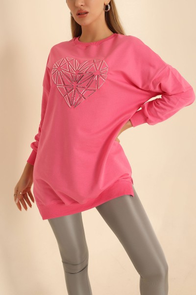 Pembe Kalp Gofre Baskılı Sweat 214404