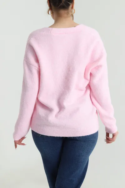 Pembe Kalp Nakışlı Triko Kadın Hırka 489435
