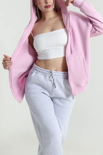 Pembe Kapşonlu Şardonlu Üç İp Kadın Sweat 482265