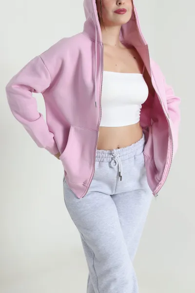 Pembe Kapşonlu Şardonlu Üç İp Kadın Sweat 482265