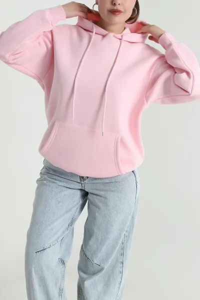 Pembe Kapşonlu Şardonlu Üç İp Kadın Sweat 484979