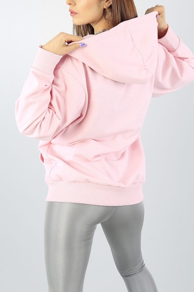 Pembe kapüşonlu Bayan Fermuarlı Sweat 55553