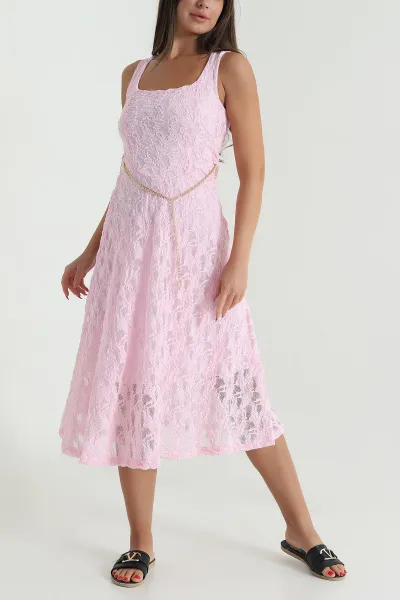 Pembe Kare Yaka Astarlı Dantel Kadın Elbise 473387