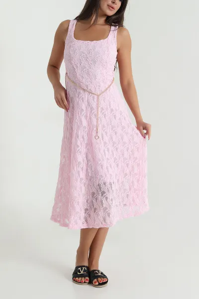 Pembe Kare Yaka Astarlı Dantel Kadın Elbise 473387