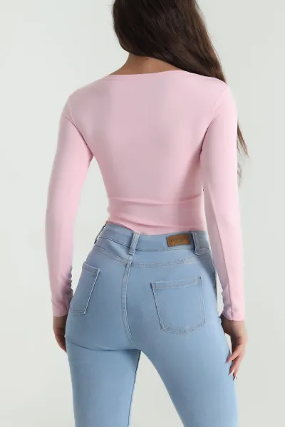 Pembe Kare Yaka Dalgıç Kadın Zıbın Bluz 482667