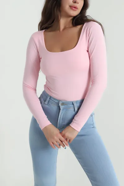 Pembe Kare Yaka Dalgıç Kadın Zıbın Bluz 482667