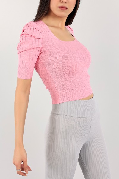 Pembe Kare Yaka Fitilli Triko Bluz 106476