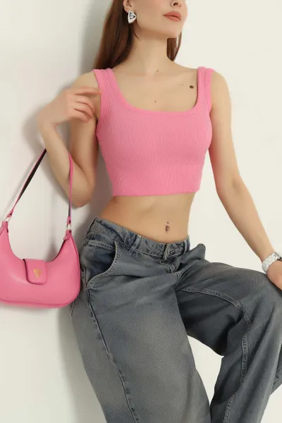 Pembe Kare Yaka Kadın Crop Atlet 364807