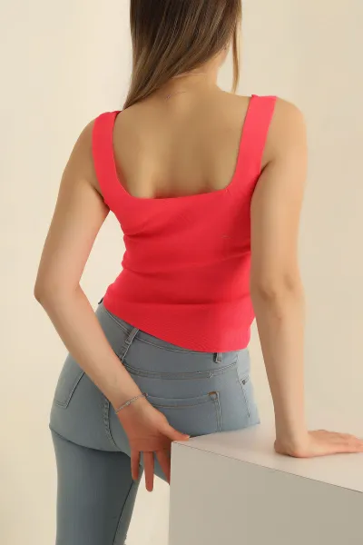 Pembe Kare Yaka Polyemid Bluz 260371